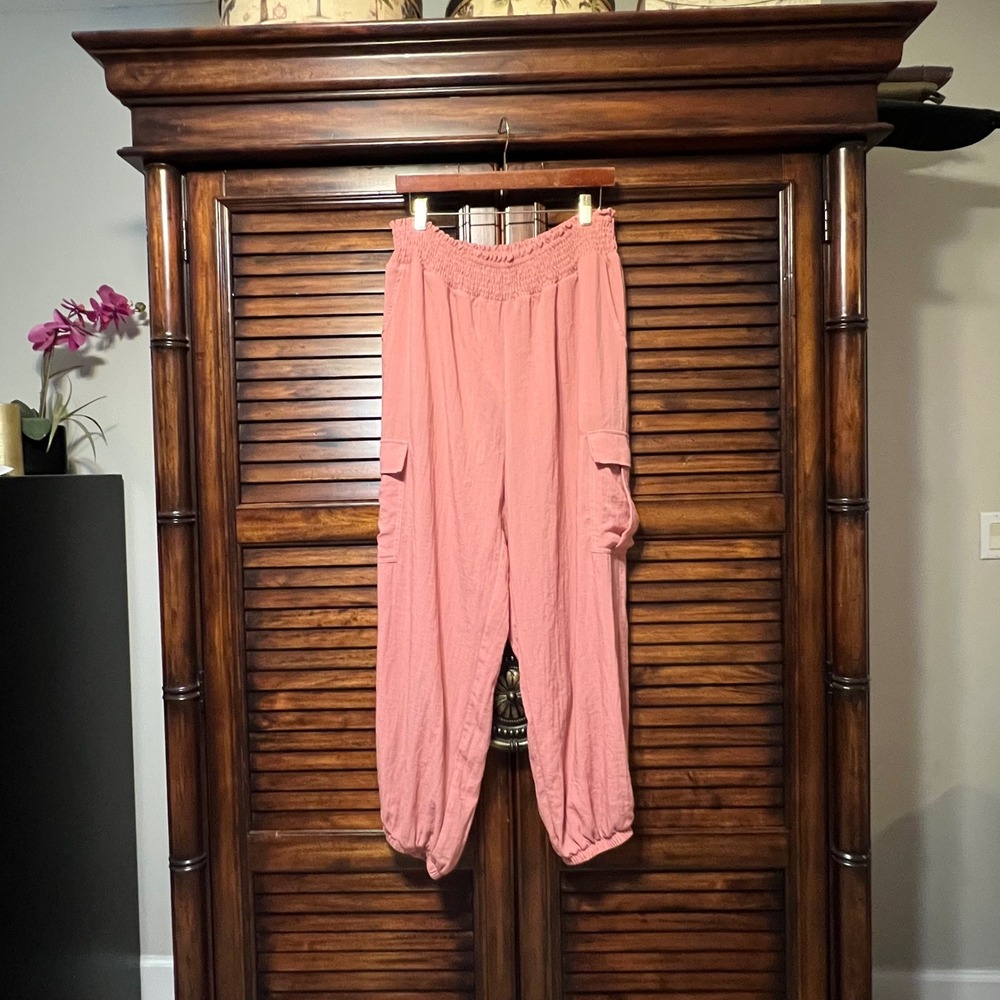 High Waisted Shirred Linen-Feel Rosette Casual Cargo Joggers with Pockets Sz XL